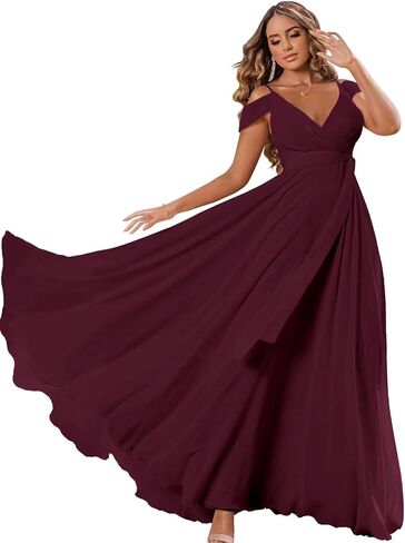 BRANCY ART Women's Cold Shoulder Bridesmaid Dress with Pockets Long V-Neck Formal Wedding Guest Dress with Slit in Saudi Arabia
