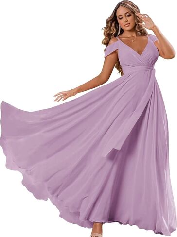 BRANCY ART Women's Cold Shoulder Bridesmaid Dress with Pockets Long V-Neck Formal Wedding Guest Dress with Slit in Saudi Arabia