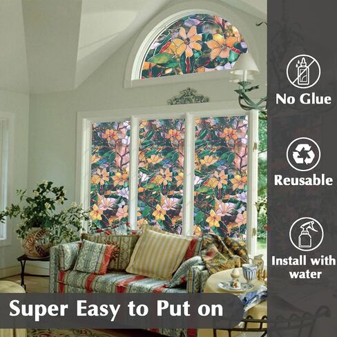 Window Privacy Film, Decorative Glass Removable Sticker, 3D Sun UV Blocking Window Vinyl, Stained Glass Window Decals, Static Cling Window Stickers Non-Adhesive, No-Glue, 17.5 x 78.7inches in Saudi Arabia