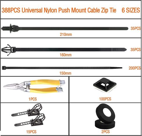 388Pcs Universal Push Mount Cable Zip Tie,Self-adhesive Cable Straps,Wire Harness Tape,Heavy Duty Self-Locking UV Resistant Wire Ties,6 Most Popular Sizes, for Indoor Wire Tying Construction Auto ect in Saudi Arabia