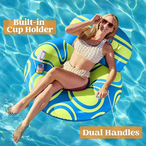 Sloosh Inflatable Pool Float Lounger - River Tube Floating Chair Sofa with Big Backrest, Blow Up Floaties Lake Raft Lounge with Mesh Bottom Handle Cup Holder Pool Party Toys for Adults (Blue Yellow) in Kuwait