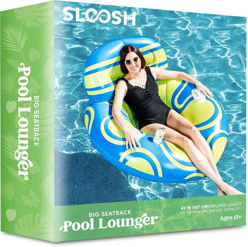 Sloosh Inflatable Pool Float Lounger - River Tube Floating Chair Sofa with Big Backrest, Blow Up Floaties Lake Raft Lounge with Mesh Bottom Handle Cup Holder Pool Party Toys for Adults (Blue Yellow) in Kuwait
