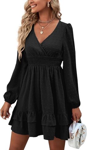 Rooscier Women's Wrap V Neck Swing Ruffle Swiss Dots Long Sleeve Mini Dress in Saudi Arabia