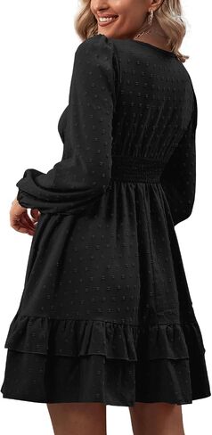 Rooscier Women's Wrap V Neck Swing Ruffle Swiss Dots Long Sleeve Mini Dress in Saudi Arabia