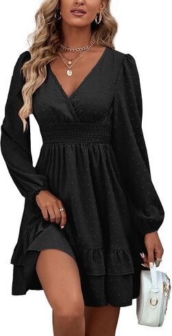 Rooscier Women's Wrap V Neck Swing Ruffle Swiss Dots Long Sleeve Mini Dress in Saudi Arabia