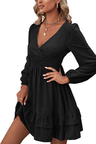 Rooscier Women's Wrap V Neck Swing Ruffle Swiss Dots Long Sleeve Mini Dress in Saudi Arabia