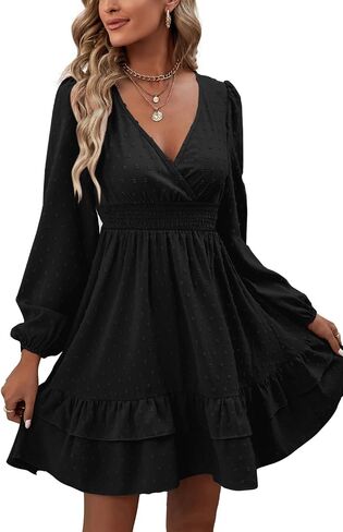 Rooscier Women's Wrap V Neck Swing Ruffle Swiss Dots Long Sleeve Mini Dress in Saudi Arabia