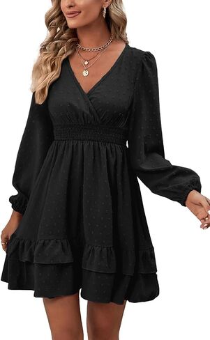 Rooscier Women's Wrap V Neck Swing Ruffle Swiss Dots Long Sleeve Mini Dress in Saudi Arabia
