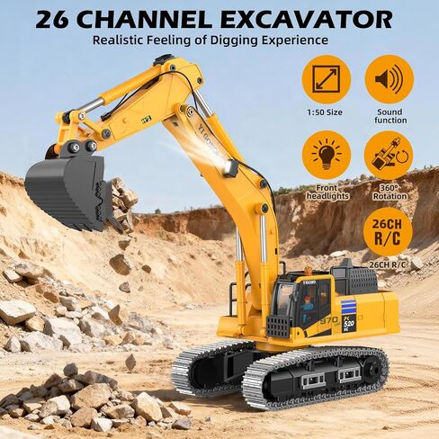 حفار RC 1/50 - مركبة هندسية معدنية احترافية للبالغين، حفر لولبي، رفع كهربائي، دلو حفار، مسارات، ضوء/صوت، بطاريات مزدوجة وحقيبة in Kuwait