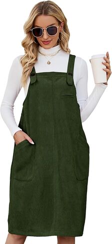 Flygo Women's Corduroy Jumper Overall Pinafore Midi Dress Skirt with Pockets in Kuwait