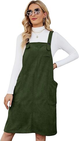 Flygo Women's Corduroy Jumper Overall Pinafore Midi Dress Skirt with Pockets in Kuwait