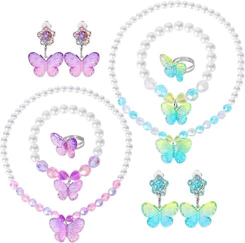2 Sets Princess Jewelry for Little Girls, Butterfly Kids Jewelry Set, Stretch Necklace Bracelets, Rings and Clip on Earrings Perfect for Dress Up, Birthday Parties in Saudi Arabia
