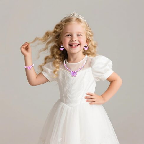 2 Sets Princess Jewelry for Little Girls, Butterfly Kids Jewelry Set, Stretch Necklace Bracelets, Rings and Clip on Earrings Perfect for Dress Up, Birthday Parties in Saudi Arabia
