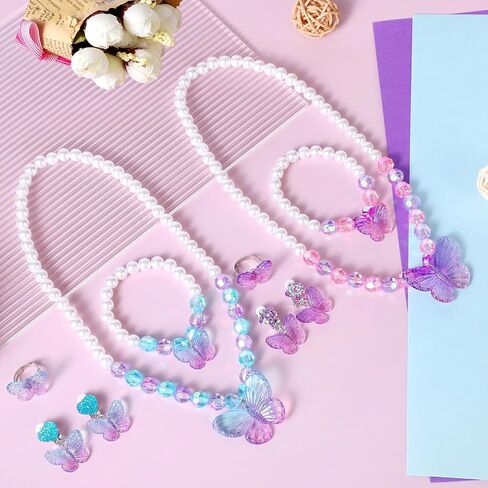 2 Sets Princess Jewelry for Little Girls, Butterfly Kids Jewelry Set, Stretch Necklace Bracelets, Rings and Clip on Earrings Perfect for Dress Up, Birthday Parties in Saudi Arabia