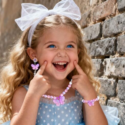 2 Sets Princess Jewelry for Little Girls, Butterfly Kids Jewelry Set, Stretch Necklace Bracelets, Rings and Clip on Earrings Perfect for Dress Up, Birthday Parties in Saudi Arabia