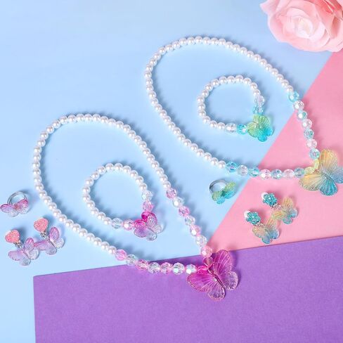2 Sets Princess Jewelry for Little Girls, Butterfly Kids Jewelry Set, Stretch Necklace Bracelets, Rings and Clip on Earrings Perfect for Dress Up, Birthday Parties in Saudi Arabia