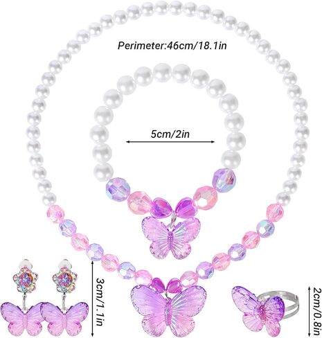 2 Sets Princess Jewelry for Little Girls, Butterfly Kids Jewelry Set, Stretch Necklace Bracelets, Rings and Clip on Earrings Perfect for Dress Up, Birthday Parties in Saudi Arabia