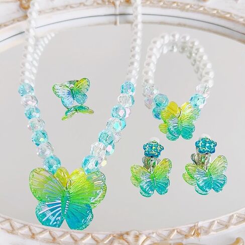 2 Sets Princess Jewelry for Little Girls, Butterfly Kids Jewelry Set, Stretch Necklace Bracelets, Rings and Clip on Earrings Perfect for Dress Up, Birthday Parties in Saudi Arabia