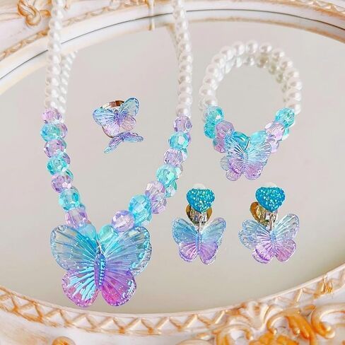 مجموعتان من مجوهرات الأميرة للفتيات الصغيرات، مجموعة مجوهرات الفراشة للأطفال، أساور قابلة للتمدد، خواتم وأقراط مشبكة مثالية للارتداء في الحفلات، وحفلات أعياد الميلاد in Kuwait