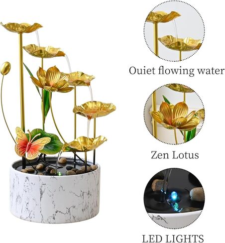 النافورة مياه الاسترخاء الداخلية للمنضدات الذهب ، نوافير معدنية متوسطة مع أضواء LED Zen Insidation. in Kuwait