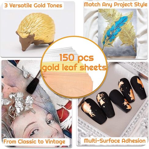 150 قطعة من أوراق أوراق الذهب للفنون، أوراق رقائق ذهبية مقاس 5.5 × 5.5 بوصة للحرف اليدوية، 3 أوراق معدنية للأظافر والرسم والتذهيب والديكور بنفسك - أوراق رقائق الألومنيوم مقاس 14 × 14 سم للاستخدام متعدد الأسطح in Saudi Arabia