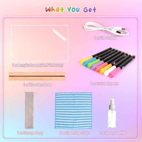 لوحة ملاحظات LED بألوان، لوحة مسح جاف أكريليك قابلة لإعادة الشحن مع 8 ألوان، لوحة رسم مضيئة للأطفال، متجر غرفة نوم المنزل، هدايا عيد الميلاد وأعياد الميلاد للفتيات والأولاد in Kuwait