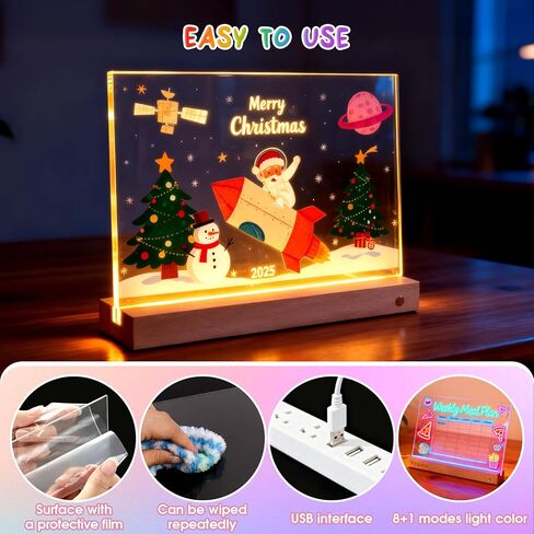 لوحة ملاحظات LED بألوان، لوحة مسح جاف أكريليك قابلة لإعادة الشحن مع 8 ألوان، لوحة رسم مضيئة للأطفال، متجر غرفة نوم المنزل، هدايا عيد الميلاد وأعياد الميلاد للفتيات والأولاد in Kuwait