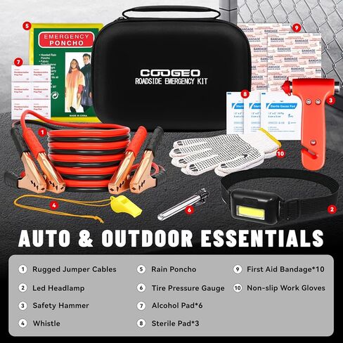 طقم سيارة للطوارئ على جانب الطريق مكون من 10 قطع مع كابلات توصيل، وإكسسوارات السيارة للرجال، ومجموعة أدوات السلامة المساعدة تتضمن مطرقة أمان، ومصابيح أمامية، وقفازات، ومجموعة الإسعافات الأولية للنساء والرجال والمراهقين in Kuwait