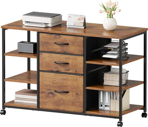 Mobile File Cabinet,Lateral Filing Cabinet with 3 Fabric Drawers,Rolling Printer Stand with 4 Open Storage Shelf for Home Office,Rustic Brown in Kuwait