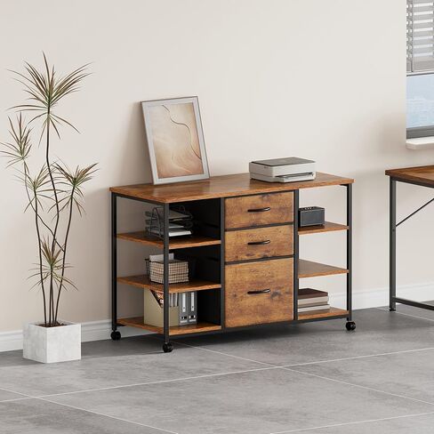 Mobile File Cabinet,Lateral Filing Cabinet with 3 Fabric Drawers,Rolling Printer Stand with 4 Open Storage Shelf for Home Office,Rustic Brown in Kuwait