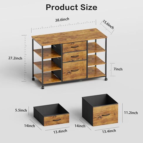 Mobile File Cabinet,Lateral Filing Cabinet with 3 Fabric Drawers,Rolling Printer Stand with 4 Open Storage Shelf for Home Office,Rustic Brown in Kuwait