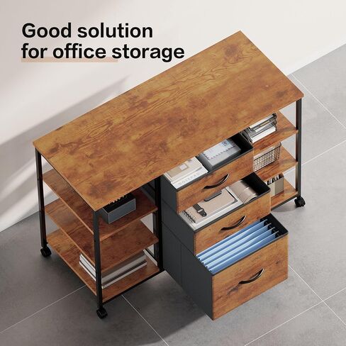 Mobile File Cabinet,Lateral Filing Cabinet with 3 Fabric Drawers,Rolling Printer Stand with 4 Open Storage Shelf for Home Office,Rustic Brown in Kuwait