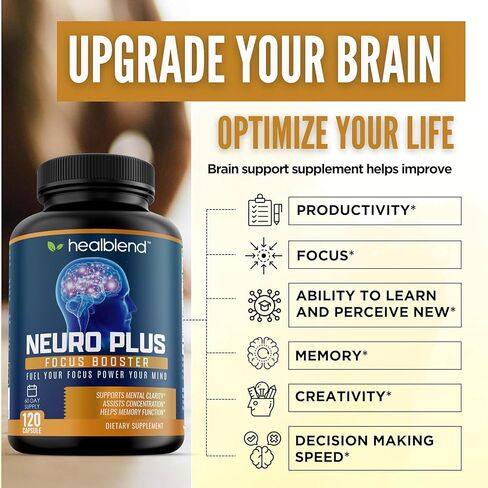 healblend B12 Vitamin 500 mcg with Alpha GPC, DMAE, Gingko Biloba, Rhodiola - Vegan Brain Booster Supplement for Memory and Focus - 120 Brain Cognitive Supplement Capsules in Kuwait