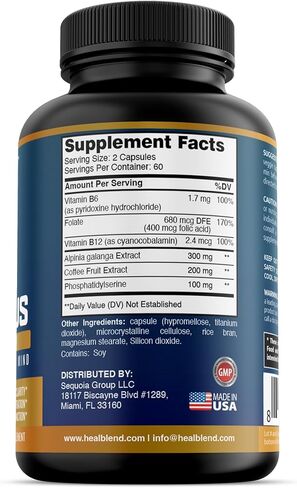 healblend B12 Vitamin 500 mcg with Alpha GPC, DMAE, Gingko Biloba, Rhodiola - Vegan Brain Booster Supplement for Memory and Focus - 120 Brain Cognitive Supplement Capsules in Kuwait