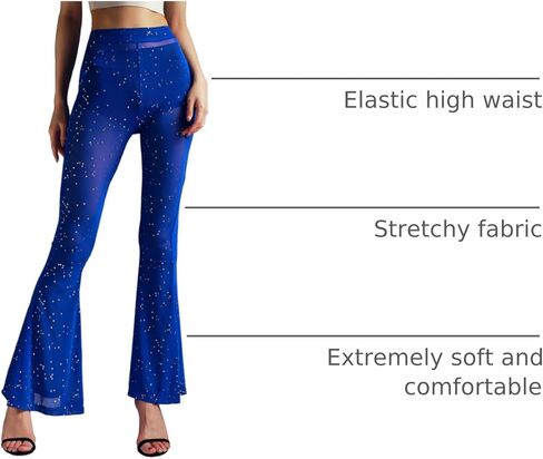 Anlaey Women's Rave Mesh Sheer Sparkly Pants Sequin Flared Bell Bottom Pants Sexy Rave Outfits for Festival Dance Clubwear in Saudi Arabia