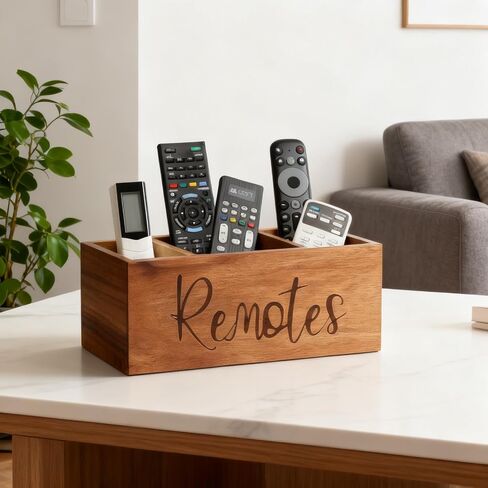 LBEMEY Acacia Wood Remote Control Holder, TV Remote Control Organizer for Tablewith 3 Compartments,Farmhouse Remote Storage Caddy, Versatile Desk Organizer in Kuwait
