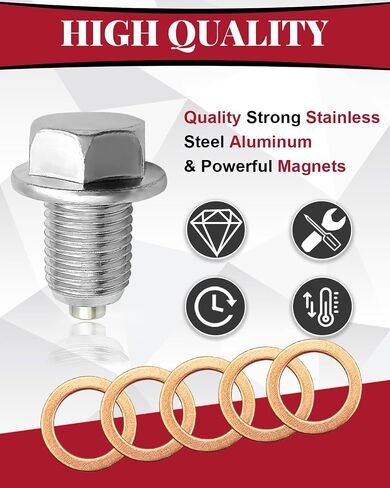 M14x1.5 Magnetic Oil Drain Plug, Stainless Steel Engine Oil Pan Drain Bolt with 5PCS Copper Crush Washers, Universal Leak-Proof Replacement Fit Most Car, Truck, SUV, Motorcycle, Boat in Saudi Arabia