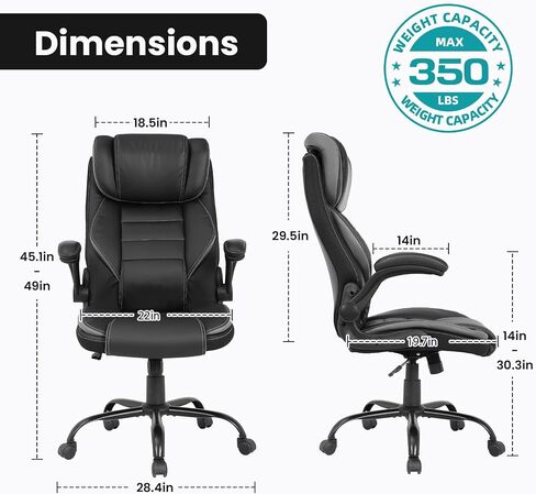 Ergonomic Office Chair, Reclining Executive Office Desk Chair with Adjustable Headrest and Pocket Spring Lumbar Support, Comfortable High Back Leather Computer Chair with Flip Up Armrests, Black/Grey in Saudi Arabia