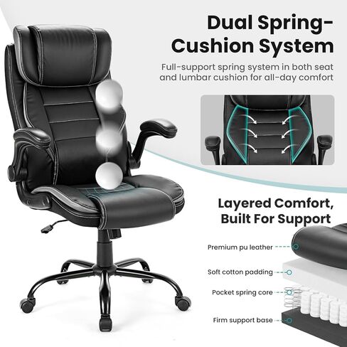 Ergonomic Office Chair, Reclining Executive Office Desk Chair with Adjustable Headrest and Pocket Spring Lumbar Support, Comfortable High Back Leather Computer Chair with Flip Up Armrests, Black/Grey in Saudi Arabia