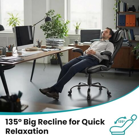 Ergonomic Office Chair, Reclining Executive Office Desk Chair with Adjustable Headrest and Pocket Spring Lumbar Support, Comfortable High Back Leather Computer Chair with Flip Up Armrests, Black/Grey in Saudi Arabia