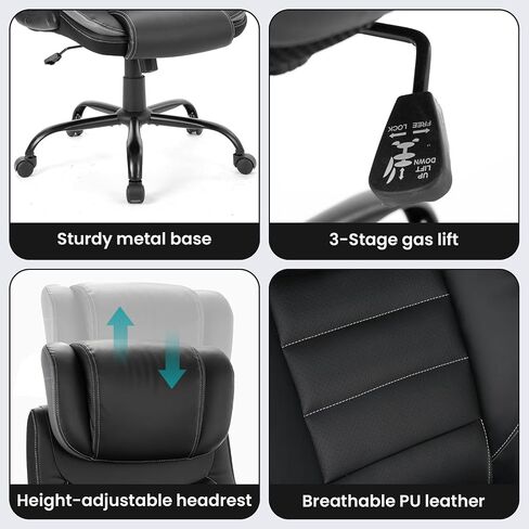 Ergonomic Office Chair, Reclining Executive Office Desk Chair with Adjustable Headrest and Pocket Spring Lumbar Support, Comfortable High Back Leather Computer Chair with Flip Up Armrests, Black/Grey in Saudi Arabia