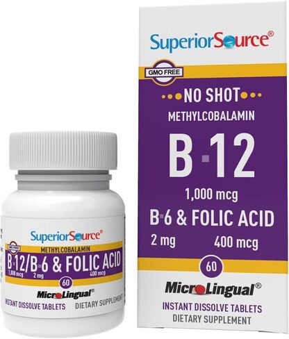 Superior Source No Shot Vitamin B12 Methylcobalamin (10000 mcg), B6, Folic Acid, Quick Dissolve MicroLingual Tablets, 30 Ct, Increase Energy, Healthy Heart, Boost Metabolism, Stress Support, Non-GMO in Saudi Arabia