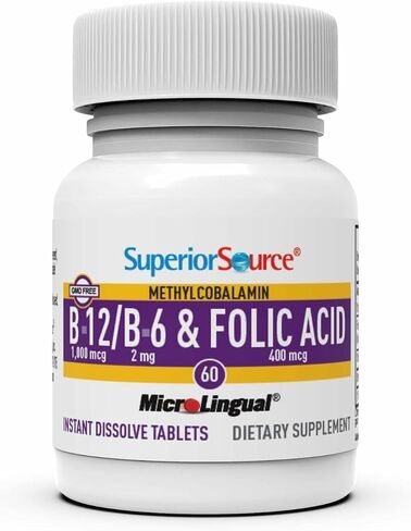 Superior Source No Shot Vitamin B12 Methylcobalamin (10000 mcg), B6, Folic Acid, Quick Dissolve MicroLingual Tablets, 30 Ct, Increase Energy, Healthy Heart, Boost Metabolism, Stress Support, Non-GMO in Saudi Arabia