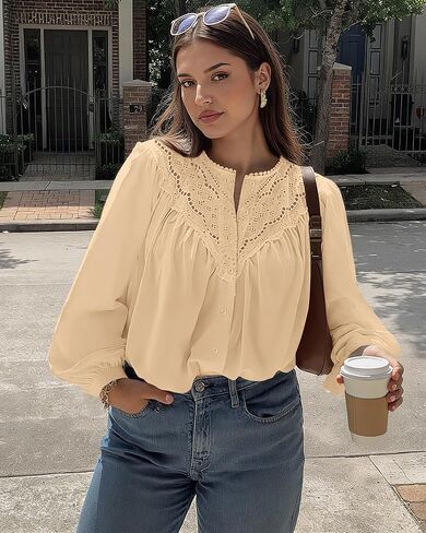 BTFBM Blouses for Women Dressy Casual Fall Clothes 2025 Long Sleeve Tops Lace Flowy Babydoll Button Down Shirts in Saudi Arabia