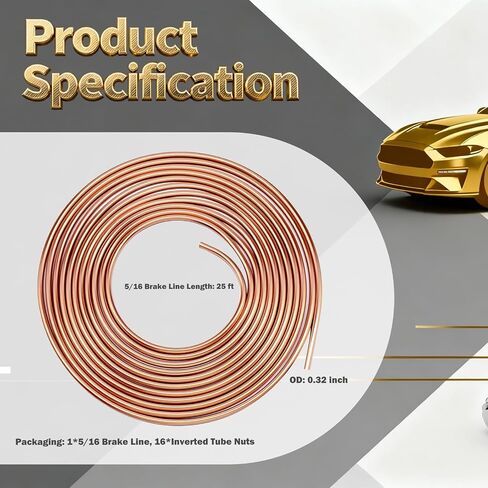 مجموعة خطوط الفرامل 25 قدم 5/16 مطلية بالنحاس، مجموعة أنابيب خطوط الفرامل المرنة 5/16 تتضمن 16 قطعة من صواميل الأنبوب المقلوب، مجموعات إصلاح خط فرامل السيارة الاحترافية ملحقات السيارة in Saudi Arabia