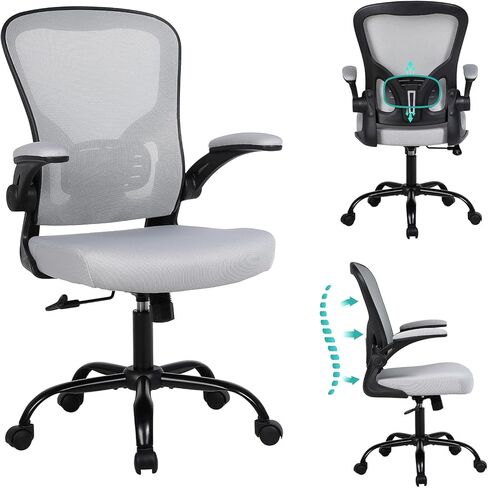 كرسي مكتب شبكي من Flysky، كراسي مكتب كمبيوتر مريحة للمكتب المنزلي - مع مساند ذراع قابلة للطي مريحة/مريحة، دعم لأسفل الظهر، ارتفاع قابل للتعديل، دوران دوار 360 درجة (أسود) in Kuwait