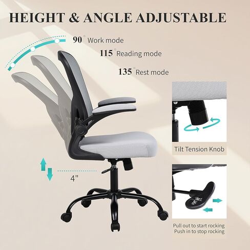 كرسي مكتب شبكي من Flysky، كراسي مكتب كمبيوتر مريحة للمكتب المنزلي - مع مساند ذراع قابلة للطي مريحة/مريحة، دعم لأسفل الظهر، ارتفاع قابل للتعديل، دوران دوار 360 درجة (أسود) in Kuwait