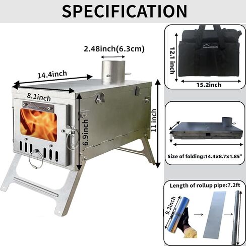 DANCHEL OUTDOOR S6/SSG Portable Tent Wood Burning Stove 304 Stainless Steel, Folding Tiny Hot Tent Stove Lightweight with 7.2ft Chimney for Backpacking, Winter Survival, Cooking in Saudi Arabia