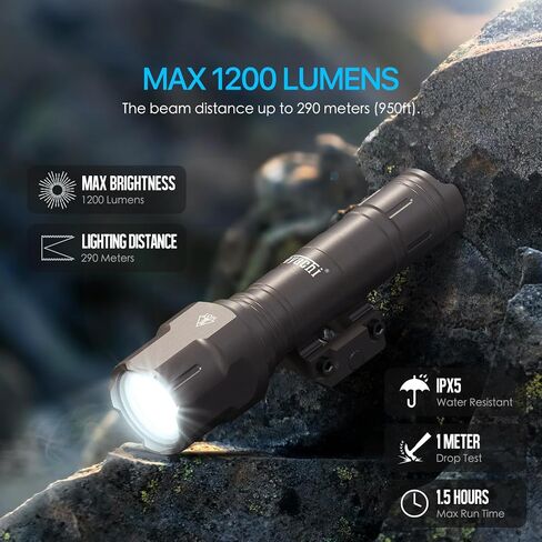 Feyachi Rifle Light 1200LM 22500Candela WL25 Tactical AR Flashlight LED Outdoor Light with Pressure Switch & Picatinny Rail Mount, 3 Modes - High/Low/Strobe (Mlok-Black) in Saudi Arabia