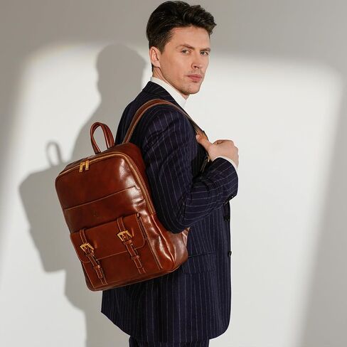 Time Resistance Leather Backpack for Men and Women - Laptop Bag up to 15" - Cognac Brown Business Rucksack in Kuwait
